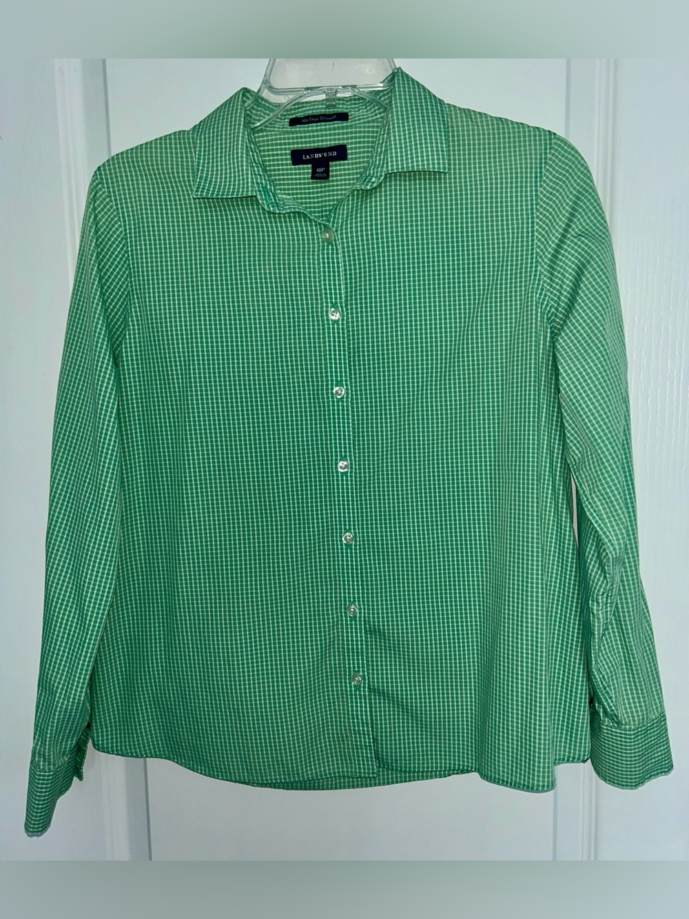 Lands’ End No Iron Supima Cotton Green Gingham Button Up Shirt Petite 10P